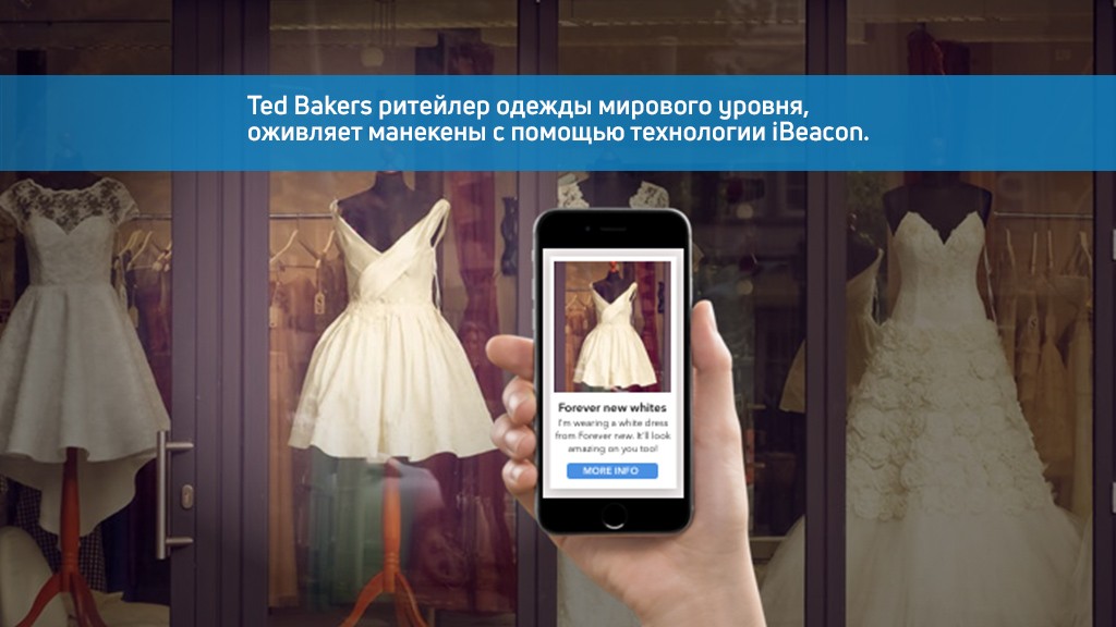 Тед Бейкерс, ритейлер одежды мирового уровня, оживляет манекены с помощью технологии маячки iBeacon.